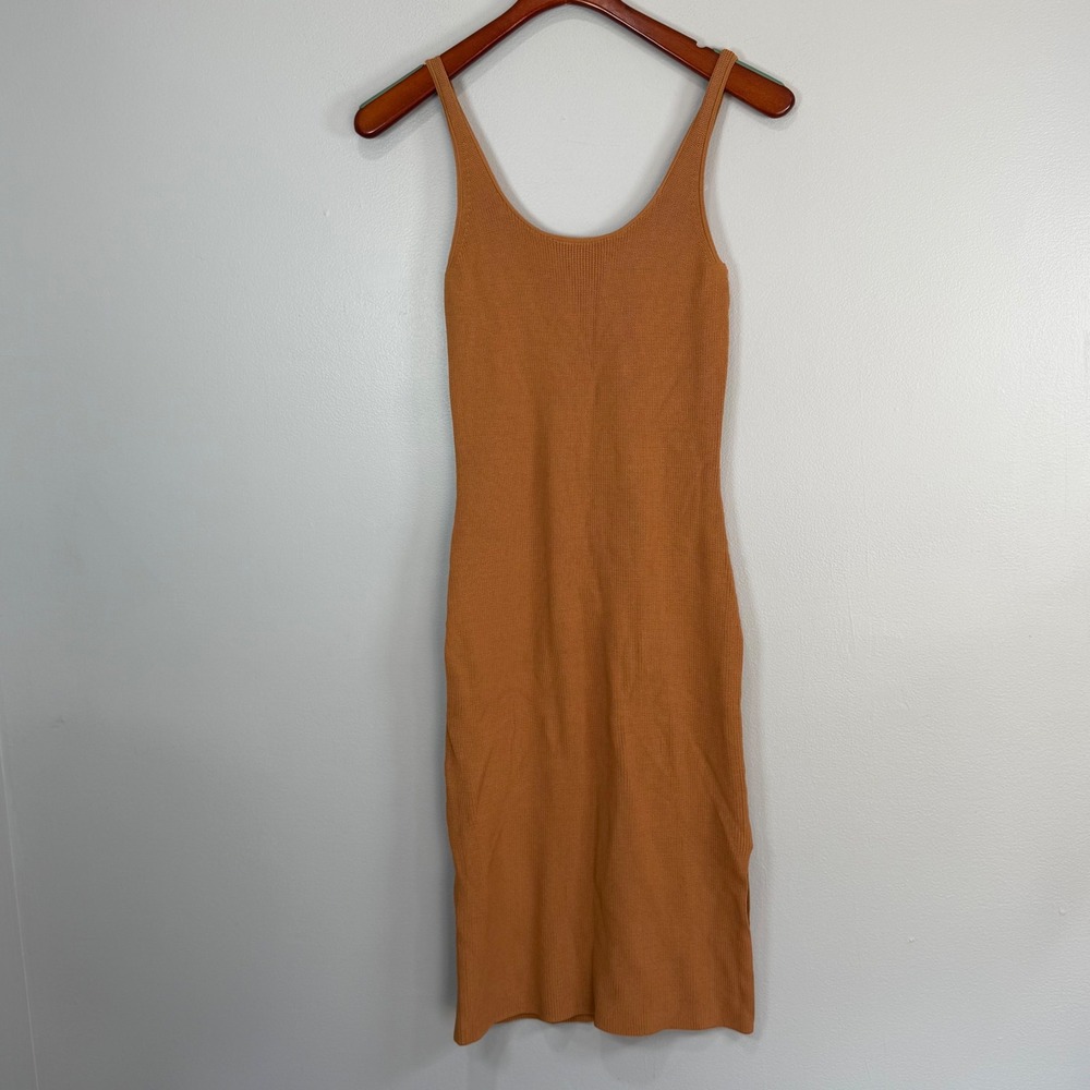 Leith Womens Brown‎ Ribbed Knit Scoop Neck Midi Bodycon Dress Small minimalist